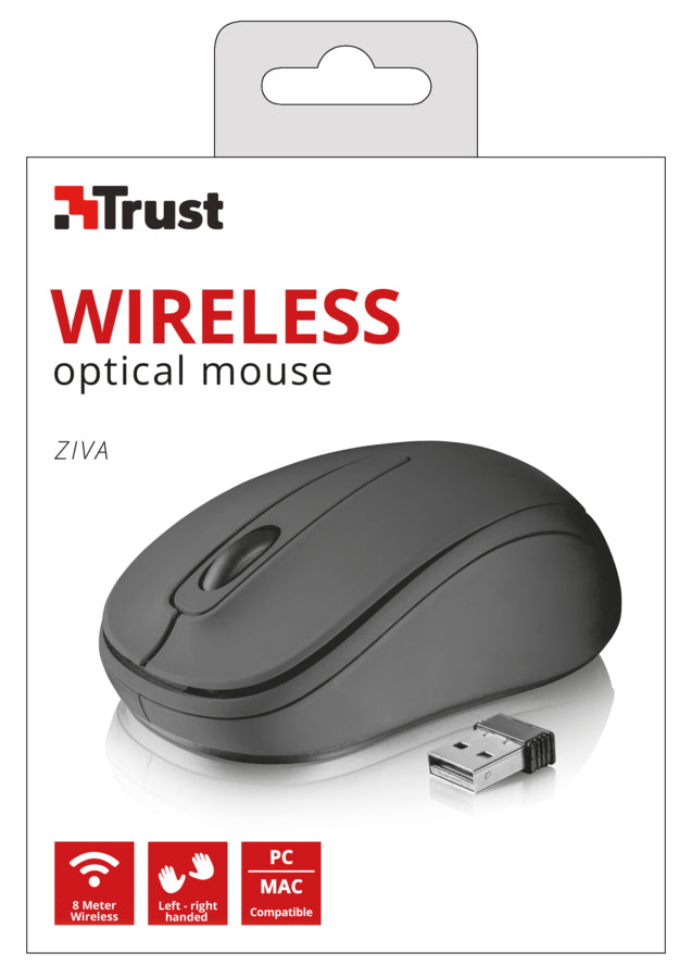 Trust Ziva - Maus - rechts- und linkshändig - optisch - 3 Tasten - kabellos - kabelloser Empfänger (USB)