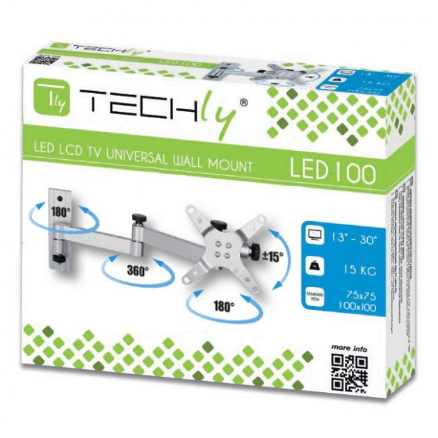 Techly LED 100 - Befestigungskit (Schwenkarm-Wandhalterung) für LCD TV - Silber - Bildschirmgröße: 33-76.2 cm (13"-30")