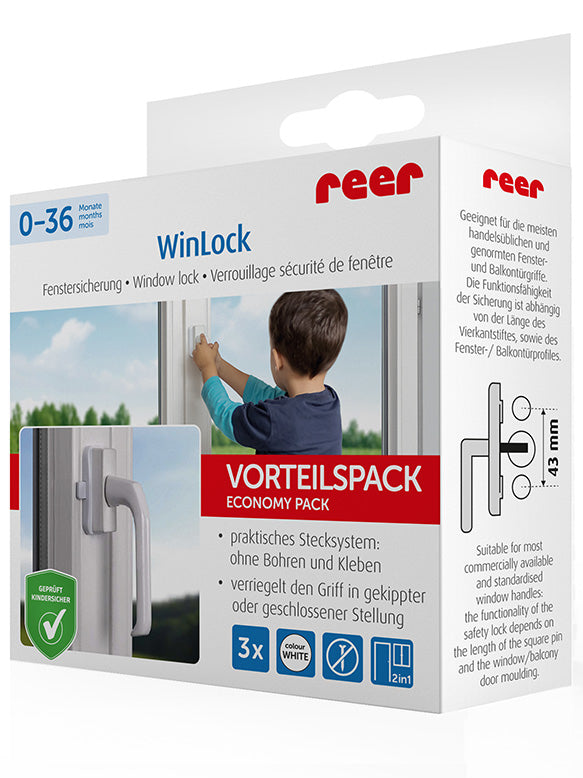 reer WinLock Fenstersicherung / Balkontürsicherung - weiß - Vorteilspack - Kinderfenstersicherung - 3 Stück(e) - Weiß - Kunststoff - Box - 30 mm