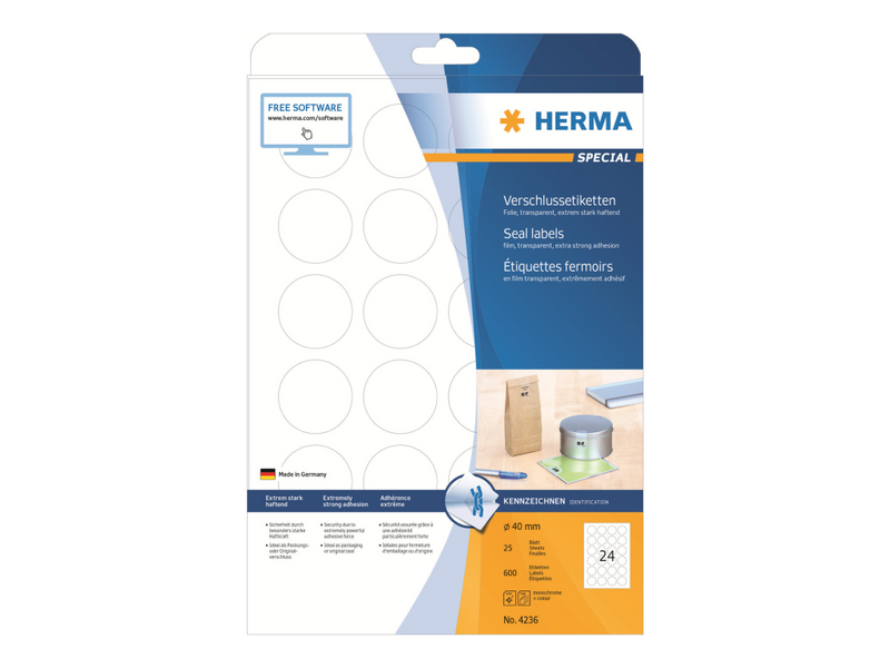 HERMA Special - Polyester - selbstklebend - durchsichtig - 40 mm rund 600 Etikett(en) (25 Bogen x 24)