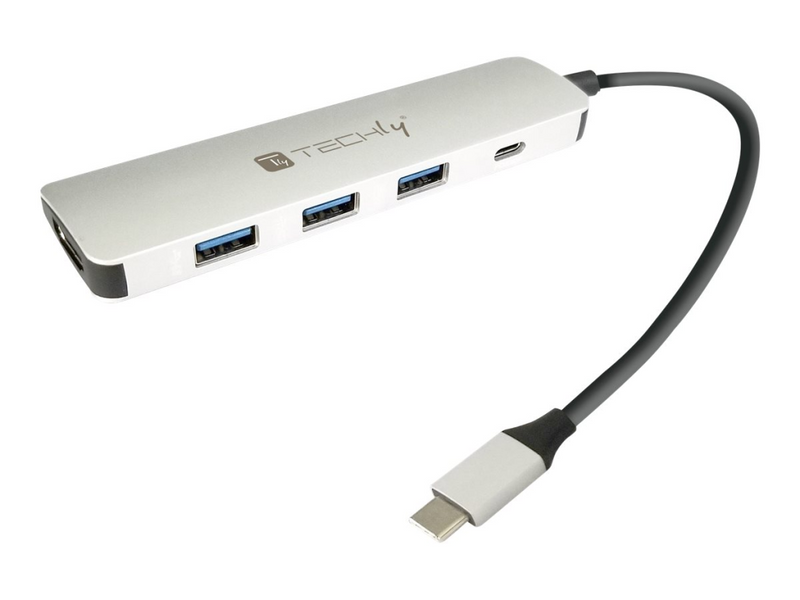 Techly Hub - aluminum, SuperSpeed USB 3.1 Gen 1 type C - 4 x SuperSpeed USB 3.0 + 1 x USB-C (Spannungsversorgung)