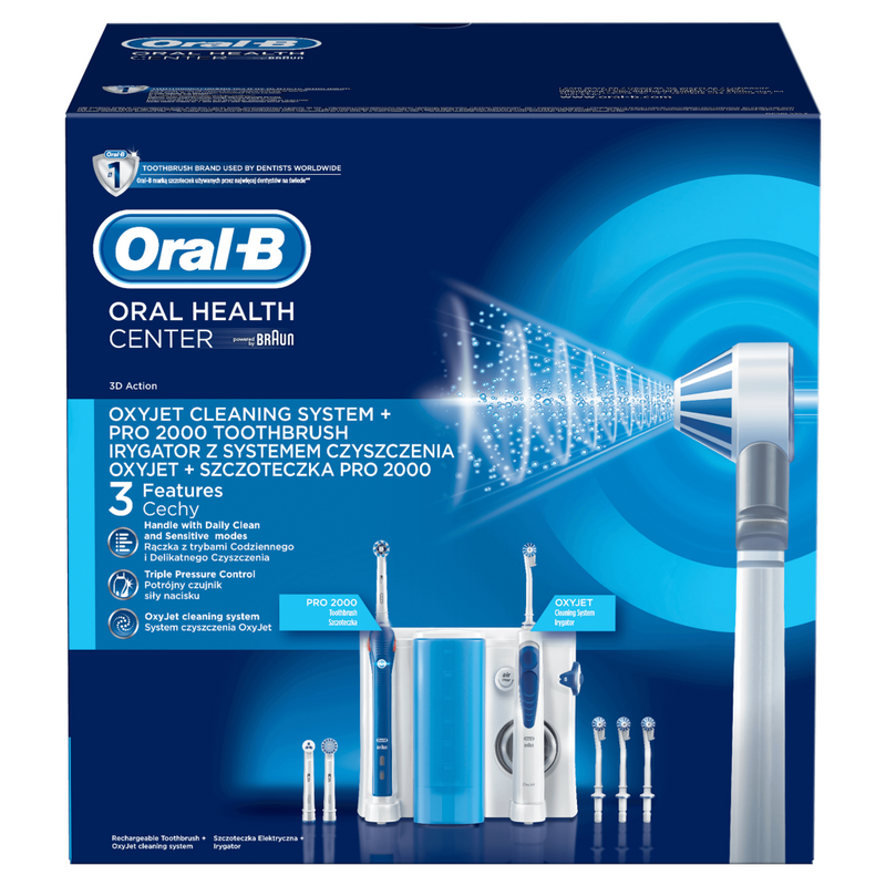 Oral-B PRO 2000 + Oxyjet - Erwachsener - Rotierende-vibrierende Zahnbürste - 8800 Bewegungen pro Minute - Tägliche Pflege - Zahnfleischpflege - Sensibel - 40000 Bewegungen pro Minute - Blau - Weiß