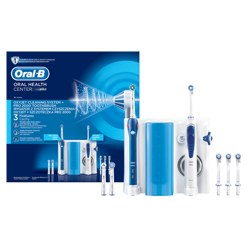 Oral-B PRO 2000 + Oxyjet - Erwachsener - Rotierende-vibrierende Zahnbürste - 8800 Bewegungen pro Minute - Tägliche Pflege - Zahnfleischpflege - Sensibel - 40000 Bewegungen pro Minute - Blau - Weiß