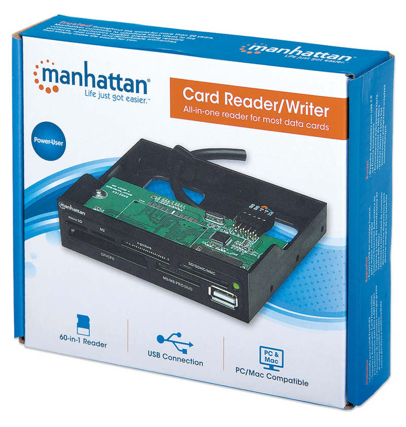 Manhattan 3.5" Bay Mount Expansion Panel, 1x USB-A port, Multi-Card Reader/Writer 60-in-1, 480 Mbps (USB 2.0)