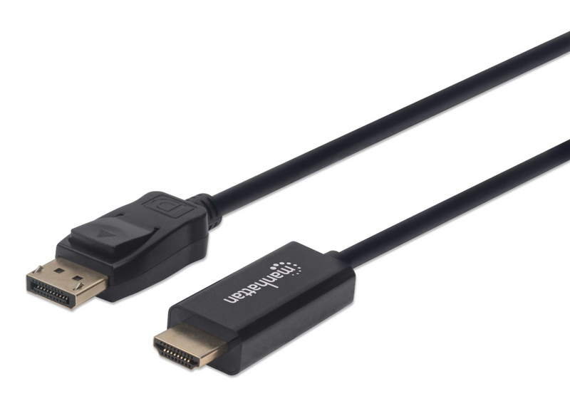 Manhattan DisplayPort 1.2 to HDMI Cable, 4K@60Hz, 1m, Male to Male, DP With Latch, Black, Not Bi-Directional, Three Year Warranty, Polybag