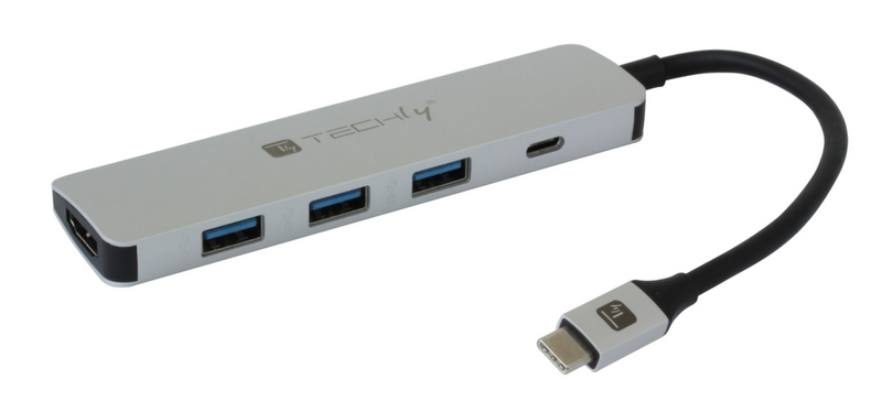 Techly USB 3.1 Konverter Typ-C auf 3x USB3.0,1x HDMI 4K @ 30Hz, 1x Typ-C PD