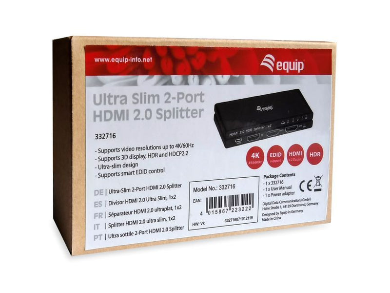 Equip HDMI Splitter 2.0 2 Port Ultra Slim 4K/60Hz schwarz - 2-Port