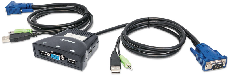 Manhattan KVM Switch Mini 2-Port, 2x USB-A, Cables included, Audio Support, Control 2x computers from one pc/mouse/screen, Black, Lifetime Warranty, Boxed