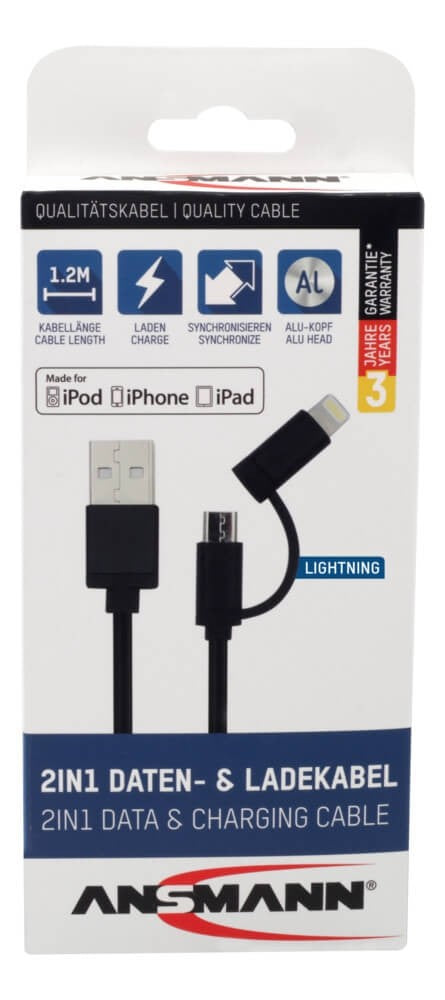 Ansmann 1700-0082 - 1,2 m - USB A - Micro-USB B/Lightning - Männlich/Männlich - 480 Mbit/s - Schwarz