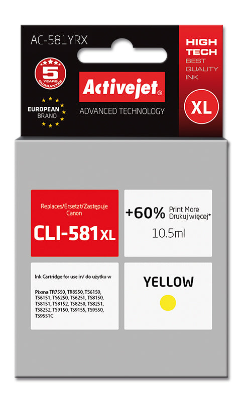 Activejet AC-581YRX - Kompatibel - Tinte auf Farbstoffbasis - Gelb - Canon - Einzelpackung - Canon Pixma: TR7550 - TR8550 - TS6150 - TS6151 - TS6250 - TS6251 - TS8150 - TS8151 - TS8152 - TS8250,...