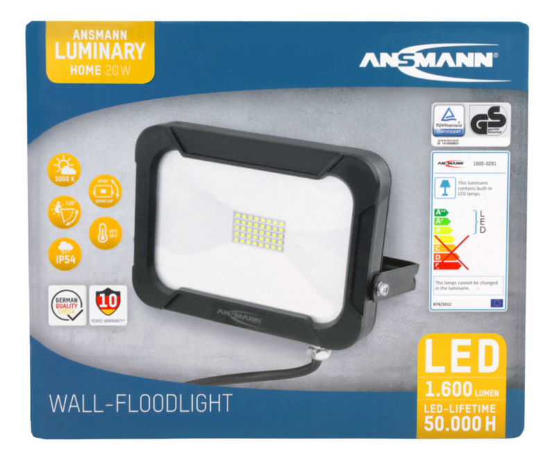 Ansmann WFL1600 - Non-changeable bulb(s) - LED - 20 W - 5000 K - 1800 lm - Schwarz