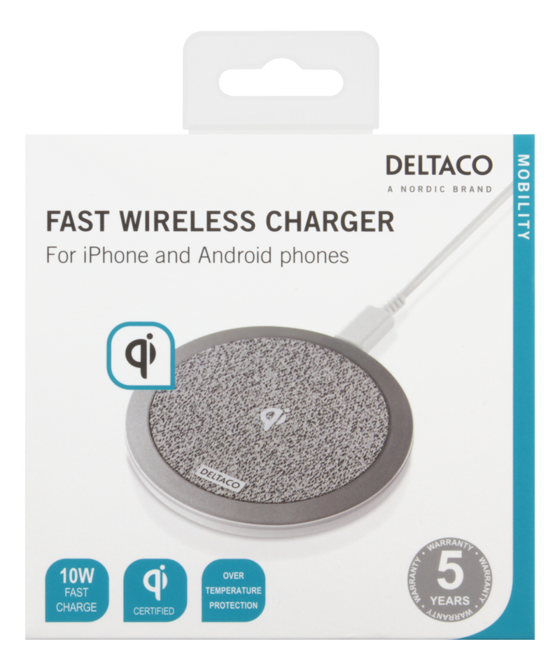 Deltaco fast wireless charger iPhone/Android 10 W fabric Qi cert.
