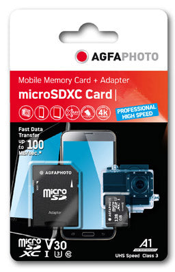 AgfaPhoto MicroSDXC UHS I 128GB Prof. High Speed U3+ Adapter 10613 - Extended Capacity SD (MicroSDHC)