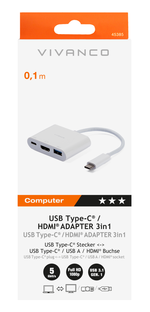 Vivanco Videoadapter - USB-C männlich zu HDMI, USB Typ A, USB-C weiblich - 10 cm - weiß - USB Power Delivery (3A, 60W)