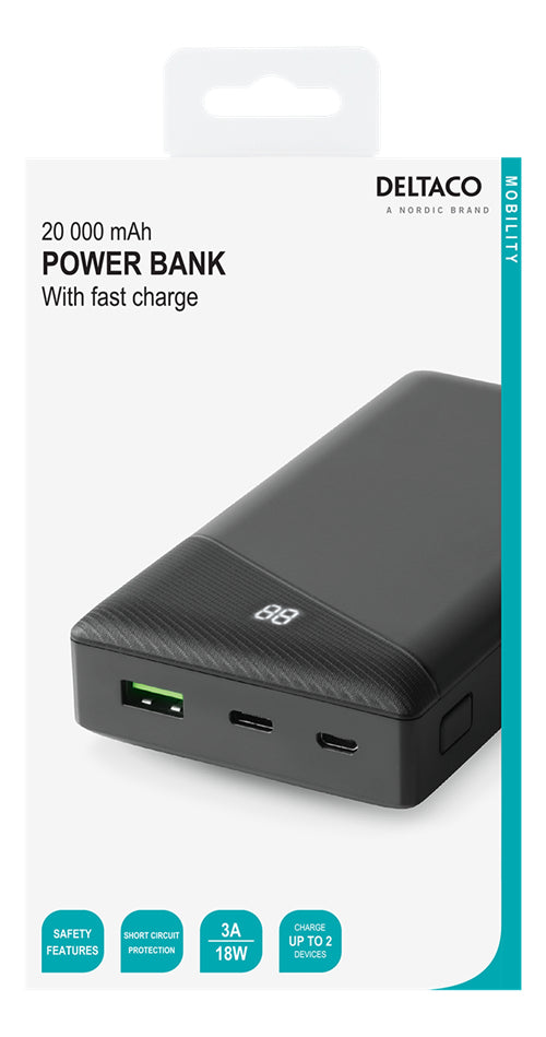 Deltaco power bank 20 000 mAh 1x USB-C PD USB-A Fast Charge