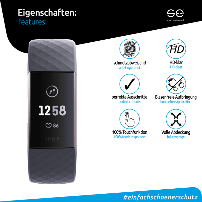 smart.engineered SE01-0027-18-M - Klare Bildschirmschutzfolie - Fitbit - Charge 3 - Staubresistent - Kratzresistent - Transparent - 4 Stück(e)