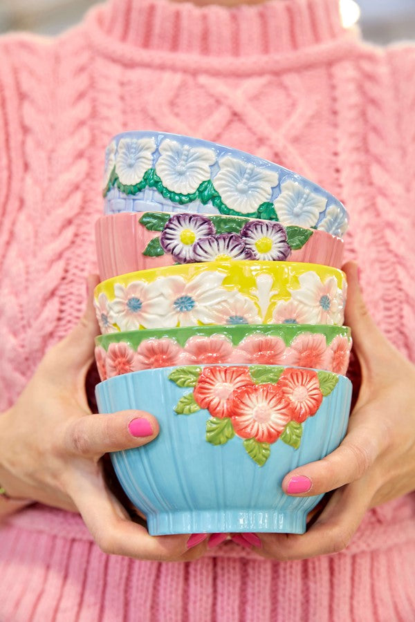 Rice Ceramic Bowl with Embossed Flower Design - Creme CEBWL-EMCR