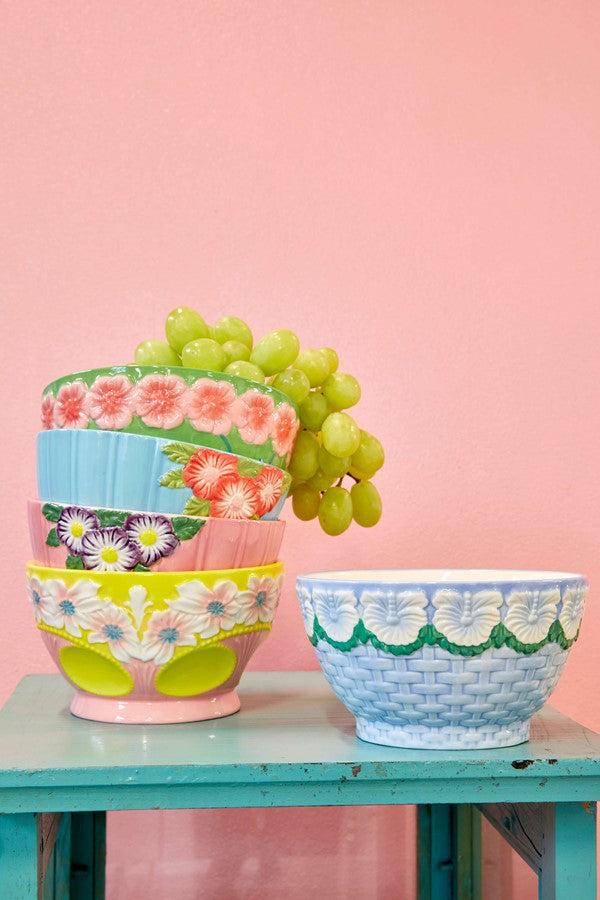 Rice Ceramic Bowl with Embossed Flower Design - Pink CEBWL-EMI