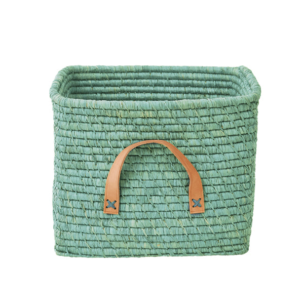 Rice Small Square Raffia Basket with Leather Handles - Mint BSRAT-30MI