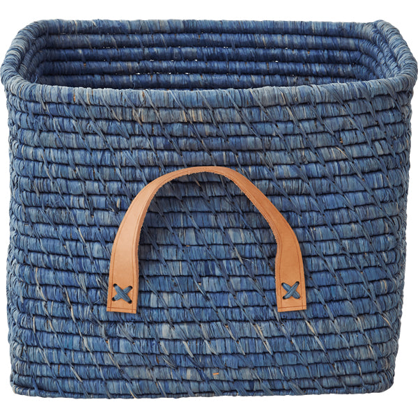 Rice Small Square Raffia Basket with Leather Handles - Blue BSRAT-30B