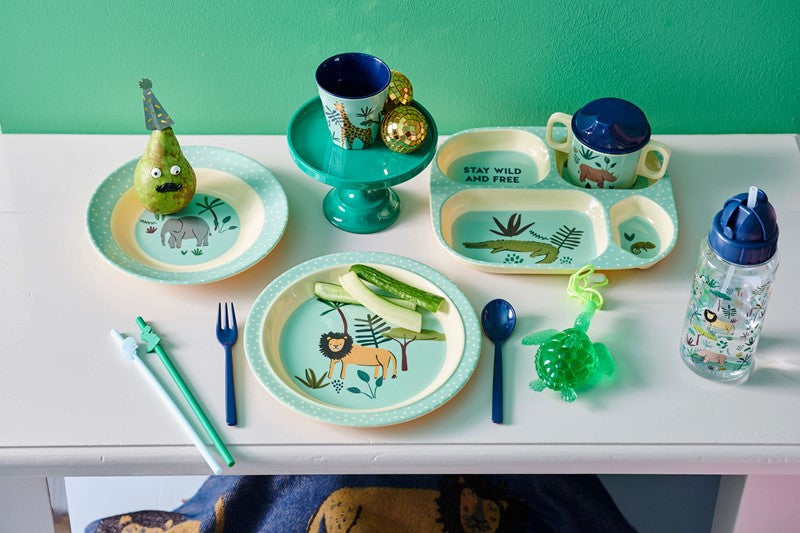 Rice Melamine Baby Dinner Set Giftbox - Blue Jungle Animals Print