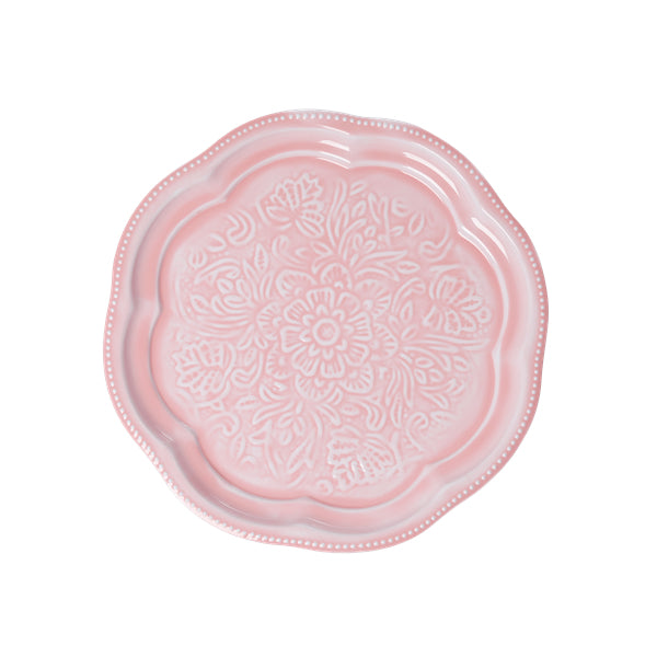 Rice Metal Round Tray - Flamingo Pink w. Embossed Details and Scallop Edge