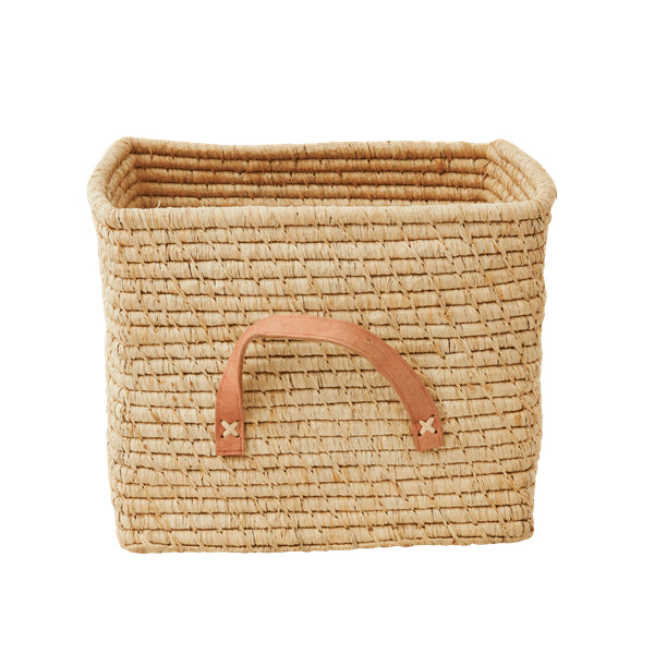 Rice Small Square Raffia Basket with Leather Handles - Natural