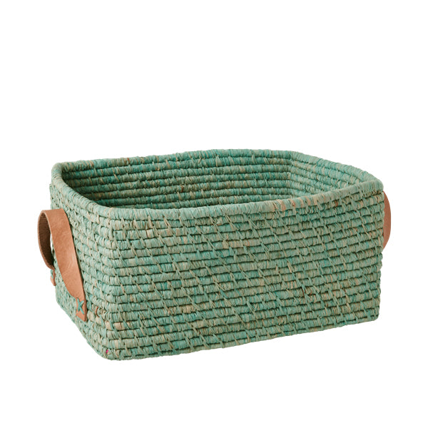 Rice Raffia Rectangular Basket w. Leather Handle - Mint BSRAT-RECMI