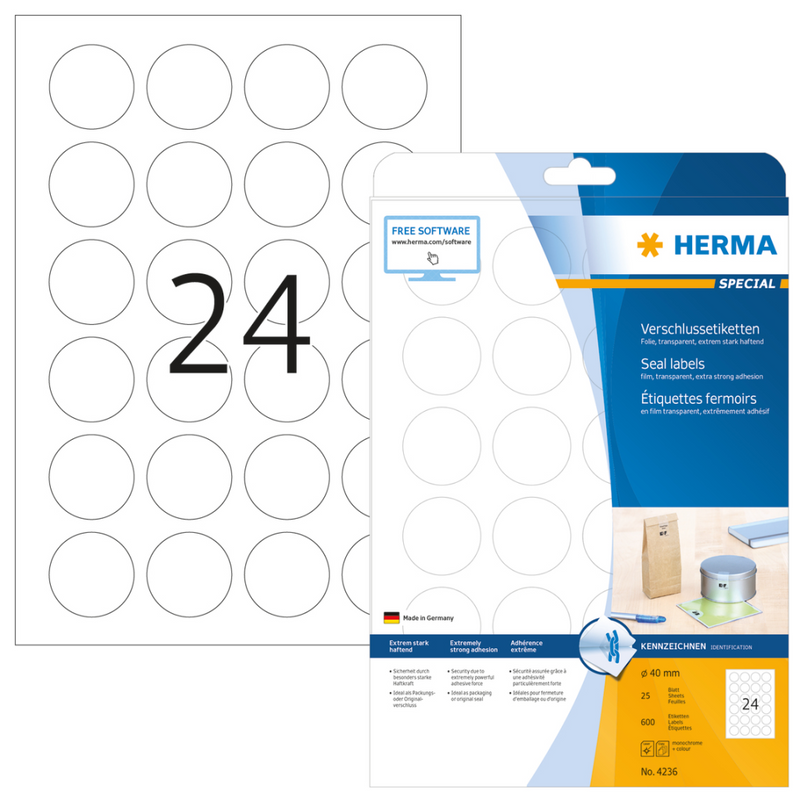 HERMA Special - Polyester - selbstklebend - durchsichtig - 40 mm rund 600 Etikett(en) (25 Bogen x 24)