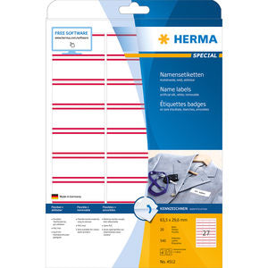 HERMA Special Name/textile - Acetatseide - selbstklebend, entfernbarer Klebstoff - Weiß mit roten Streifen - 63.5 x 29.6 mm 540 Etikett(en) (20 Bogen x 27)